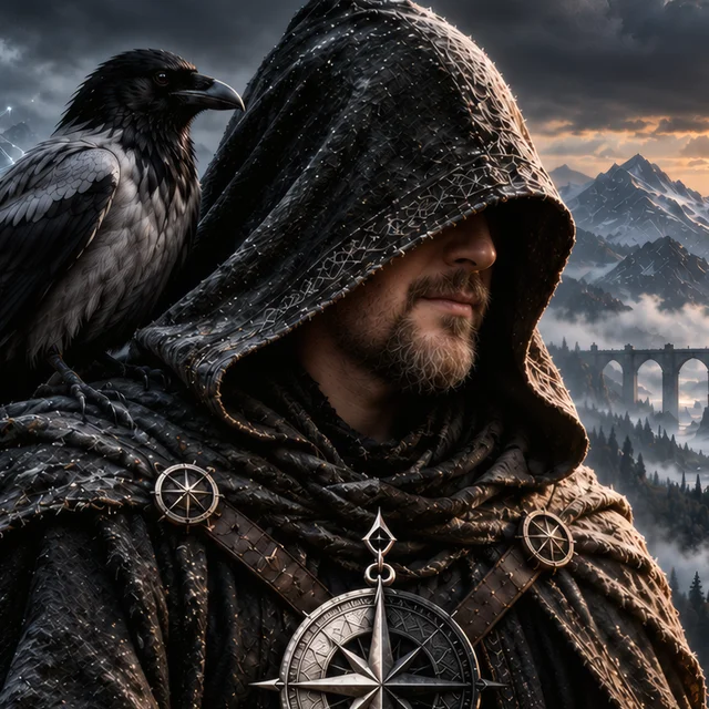 Worcrest: a hooded figure with a crow on his shoulder and a compass emblem